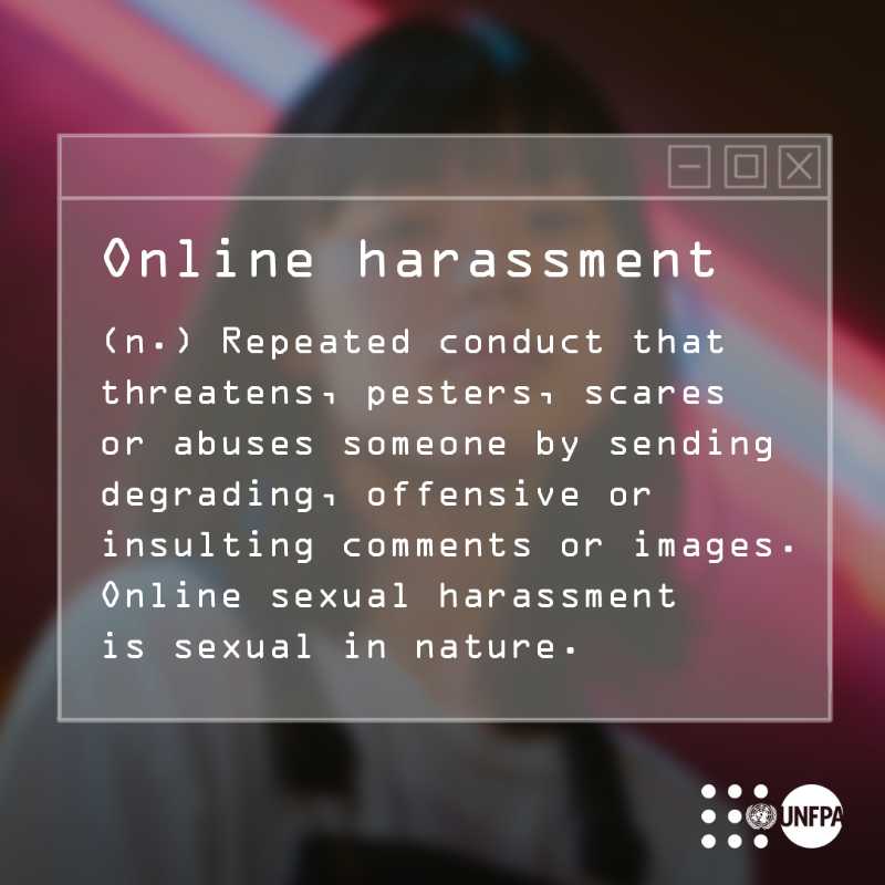 UNFPA's tweet photo. 🚫 Violence has no place in any of our lives, whether it’s offline or online.

See the different forms of online abuse people face every day and how #tech intersects with gender to either create or reduce harm: https://t.co/iTDLyscIhA

#ENDviolence #GlobalGoals