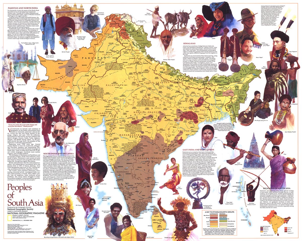 Published in the December 1984 @NatGeoMag, this edition of the "Peoples of..." map series focuses on the ethnic groups, language, religions, history, and ways of life of the  Peoples of South Asia.  on.natgeo.com/3n8ip22 #india #pakistan #bangladesh #srilanka #nepal #bhutan