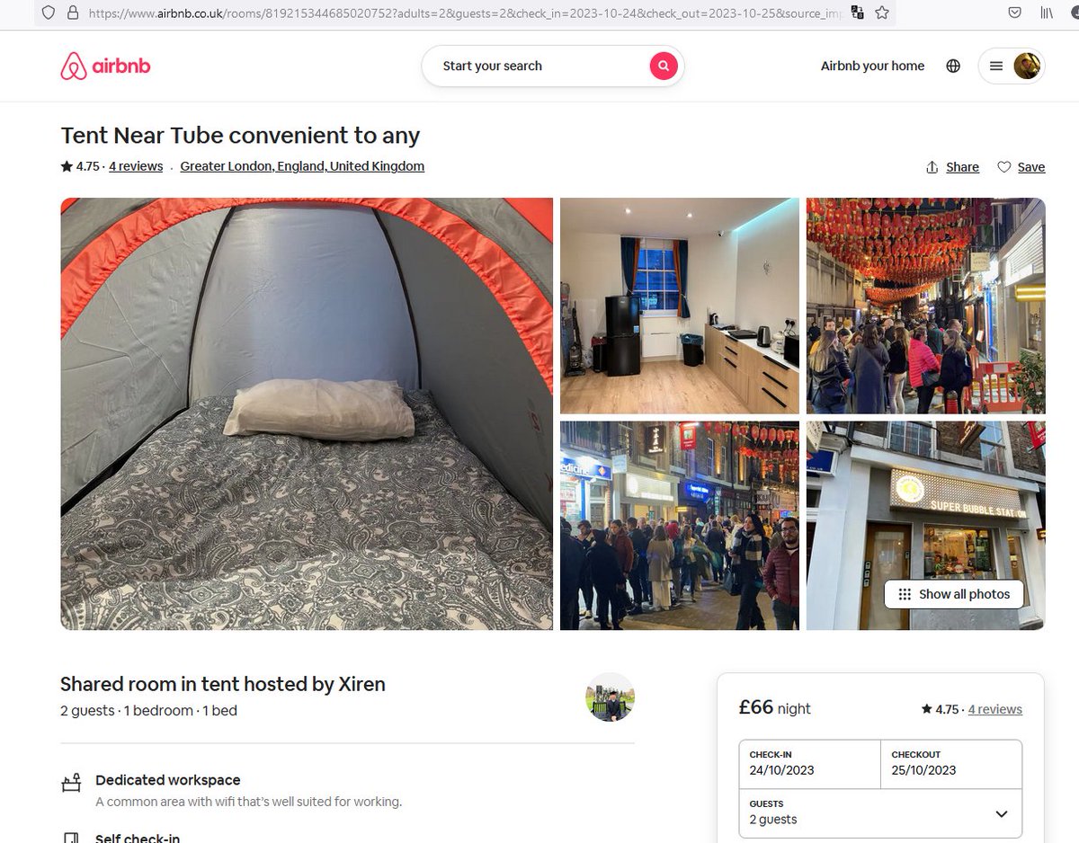 Wow.. London.. £77/night (incl Airbnb fee) to stay in a TENT!

#London #CostOfLivingCrisis #CostofToryCrisis #Rent #propertymarket #property #tent #centrallondon