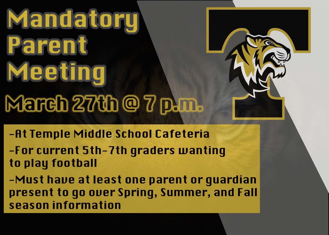 Lots of great information will be shared and we hope you will make every effort to attend. This meeting will help you and your player be prepared for the upcoming football registration and season. We look forward to seeing you there! Go Tigers! #TigerPride #Hunt <a href="/tigers_tms/">TMS Tigers Football</a>