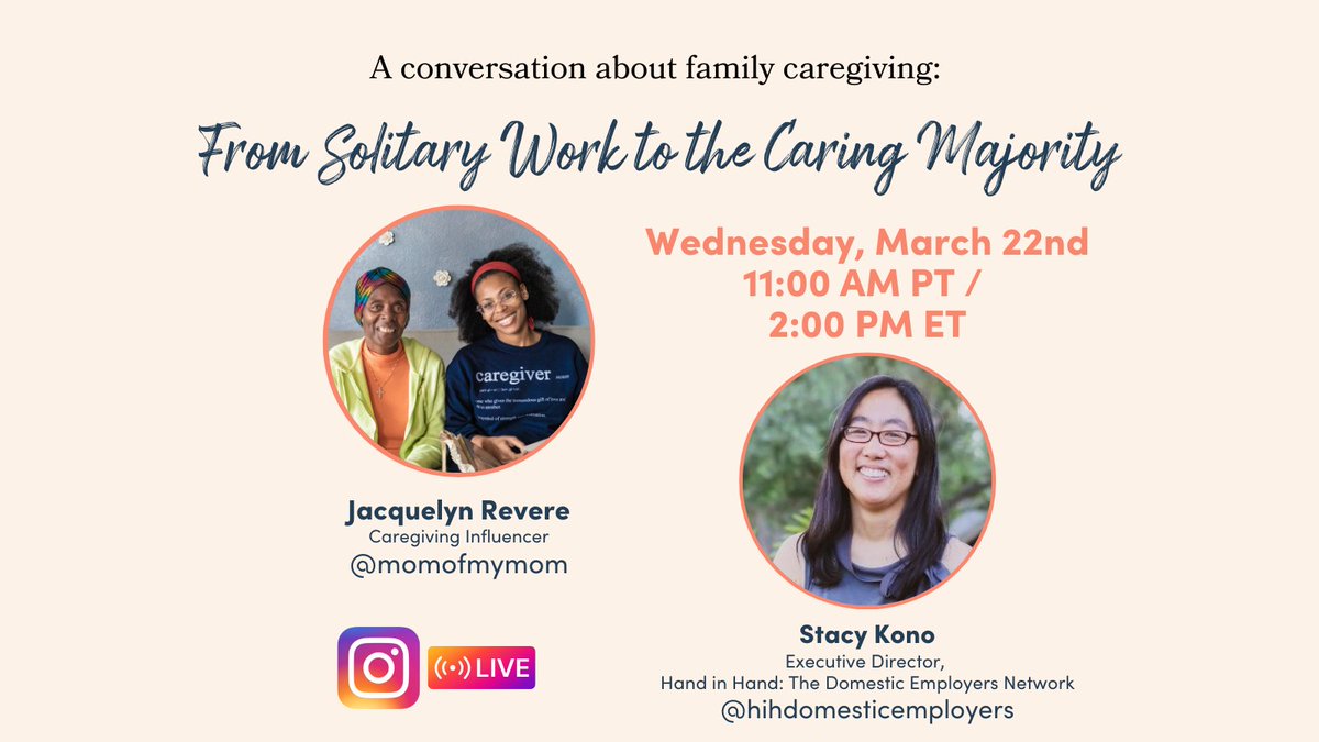 We're going LIVE tomorrow with TV writer and social media influencer Jacquelyn Revere of @MomOfMyMom, and we’re so excited! We'll be talking all about #FamilyCaregiving 'From Solitary Work to the Caring Majority.' (1/Thread) 🧵