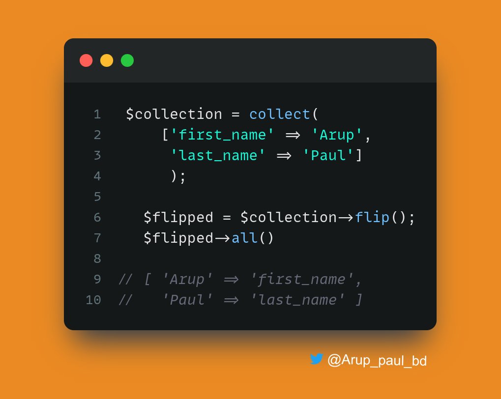 Arup_paul_bd's tweet image. #Laravel Tip 🔥
You can use `flip` method
The flip method swaps the collection's keys with their corresponding values
#laravel #laravelphp #php #tips #laraveltips