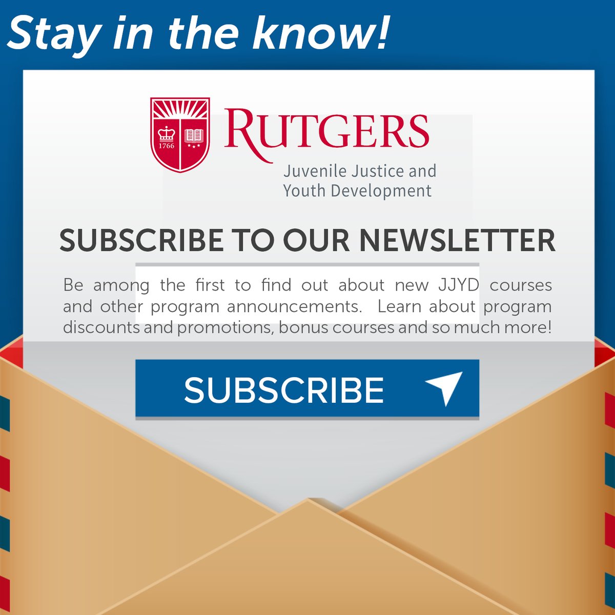 RU_juvjustice's tweet photo. Keep informed about the latest developments in Rutgers' Juvenile Justice &amp; Youth Development Certificate Program by subscribing to our e-newsletter. Be among the first to discover program promotions, discounts, new course announcements &amp; more!

REGISTER: https://t.co/TzlLxfKWJD https://t.co/4bTILILznj