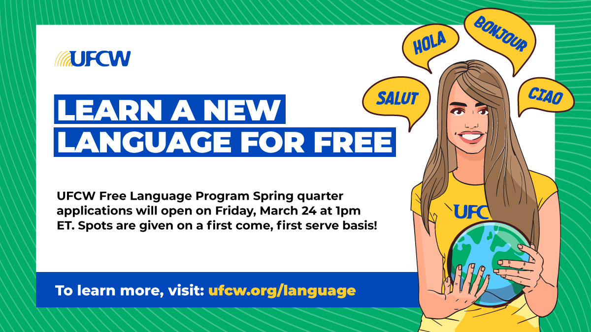 🚨 REMINDER: UFCW Free Language Program Spring quarter applications will open on Friday, March 24 at 1pm ET. Spots are given on a first come, first serve basis!

Learn more about the FREE program here: bit.ly/3FBvRSn
