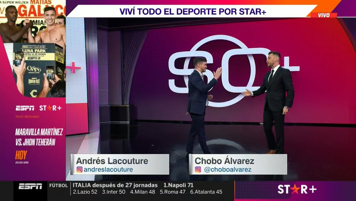 LuluDevOk's tweet photo. Comenzó #Sportscenter+ con @AndresLacouture y @ChoboAlvarez abriendo el programa repasando la pelea de Maravilla Martínez - Jhon Teherán de esta noche con #ElEspecialista: @ChavaESPN. Además del estreno de la serie de 'Ringo, Gloria y Muerte' exclusivo por @StarPlusLA
#SC_ESPN • @TribunaDeporOK
