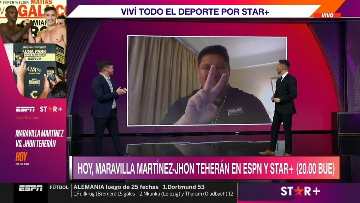 LuluDevOk's tweet photo. Comenzó #Sportscenter+ con @AndresLacouture y @ChoboAlvarez abriendo el programa repasando la pelea de Maravilla Martínez - Jhon Teherán de esta noche con #ElEspecialista: @ChavaESPN. Además del estreno de la serie de 'Ringo, Gloria y Muerte' exclusivo por @StarPlusLA
#SC_ESPN • @TribunaDeporOK