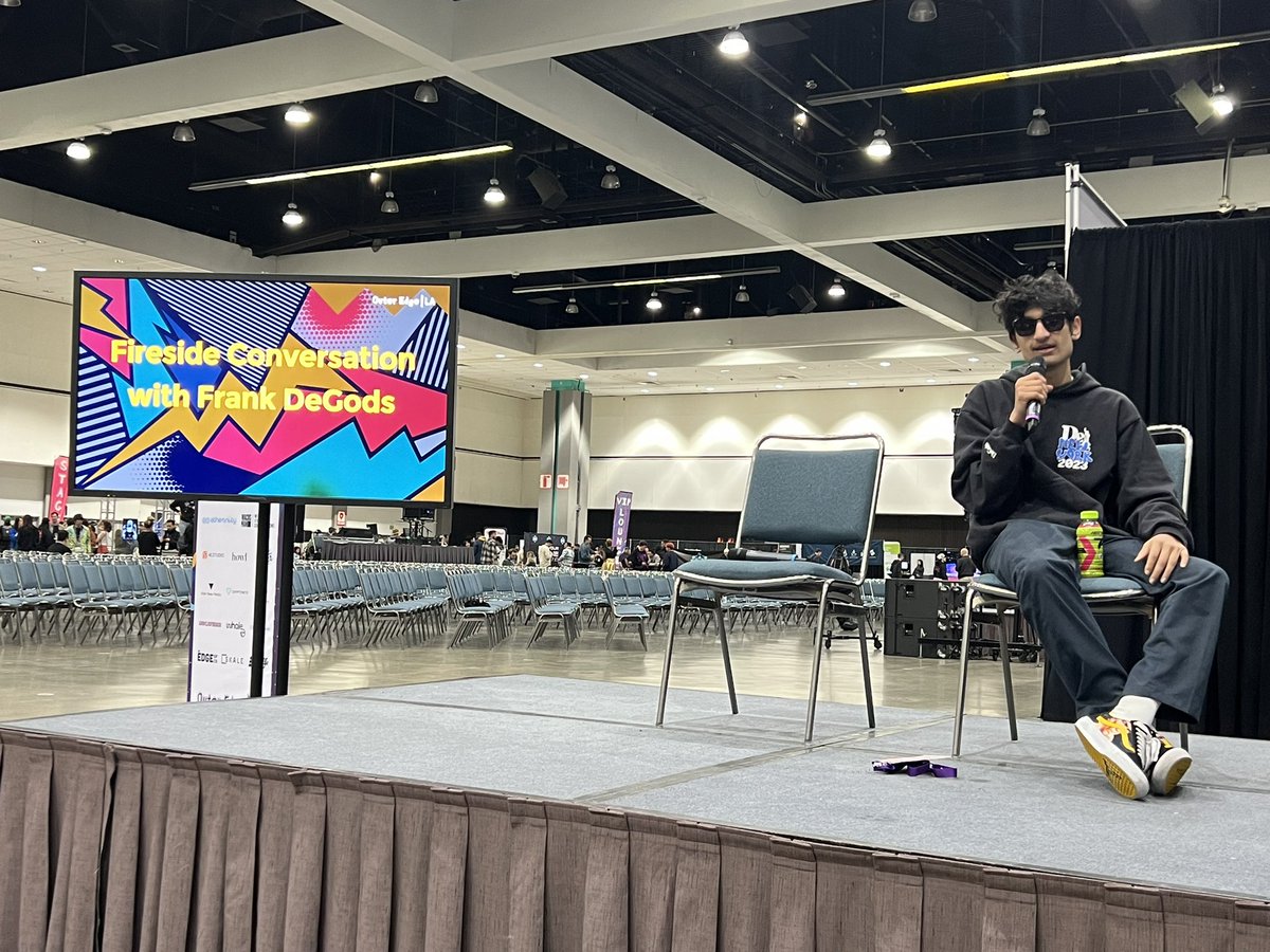 Epic moment to meet the legend <a href="/frankdegods/">Frank</a> speaking at @NFTLAlive. He spoke about their upcoming migration of <a href="/DeGodsNFT/">DeGods</a> to ETH, <a href="/y00tsNFT/">y00ts</a> to <a href="/0xPolygon_Labs/">0xpolygonlabs</a>, and their early success launching DeGods on BTC Ordinals