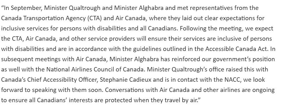 The fed minister resp for 'disabiity inclusion' @CQualtro was invited to the show to talk about the challenges of travelling with a disability w/@maayanziv today. Her office sent this statement from a spox #cdnpoli: