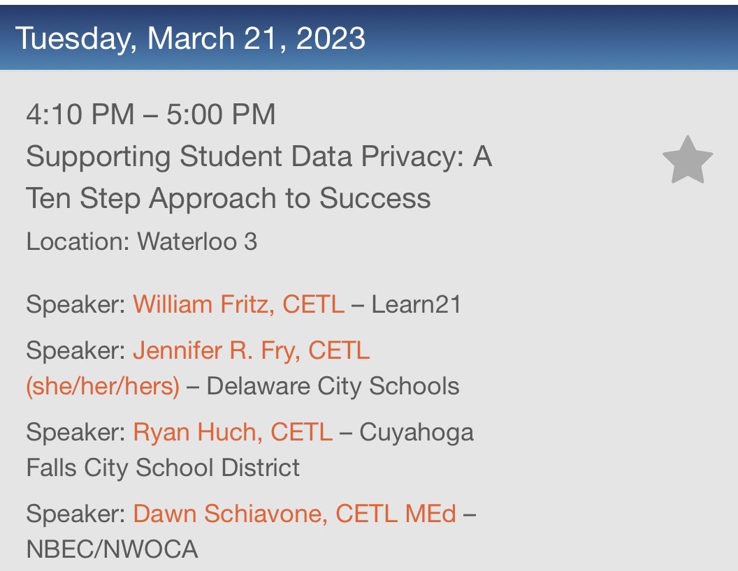 Attending #CoSN2023??

Don’t miss our chair @JenFry1  along with #OhioCoSN members @WilliamDFritz @EdTech_Huch and @dawn_schiavone present today at 4:10pm (5:10ET) on:

“Supporting Student Data Privacy: A Ten Step Approach to Success”