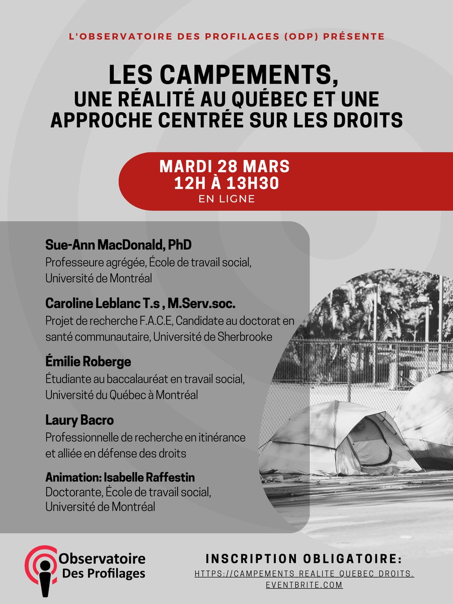 ODP_profilages's tweet image. 📣 C'est demain! À ne pas manquer !
🗣️ @SueannBe, @UMontreal
  Caroline Leblanc, @USherbrooke
 Émilie Roberge, @UQAM
 Laury Bacro, professionnelle de recherche
Animation: Isabelle Raffestin de @UMontreal
Détails/inscription👇
…_realite_quebec_droits.eventbrite.com
#profilage #itinérance #droits