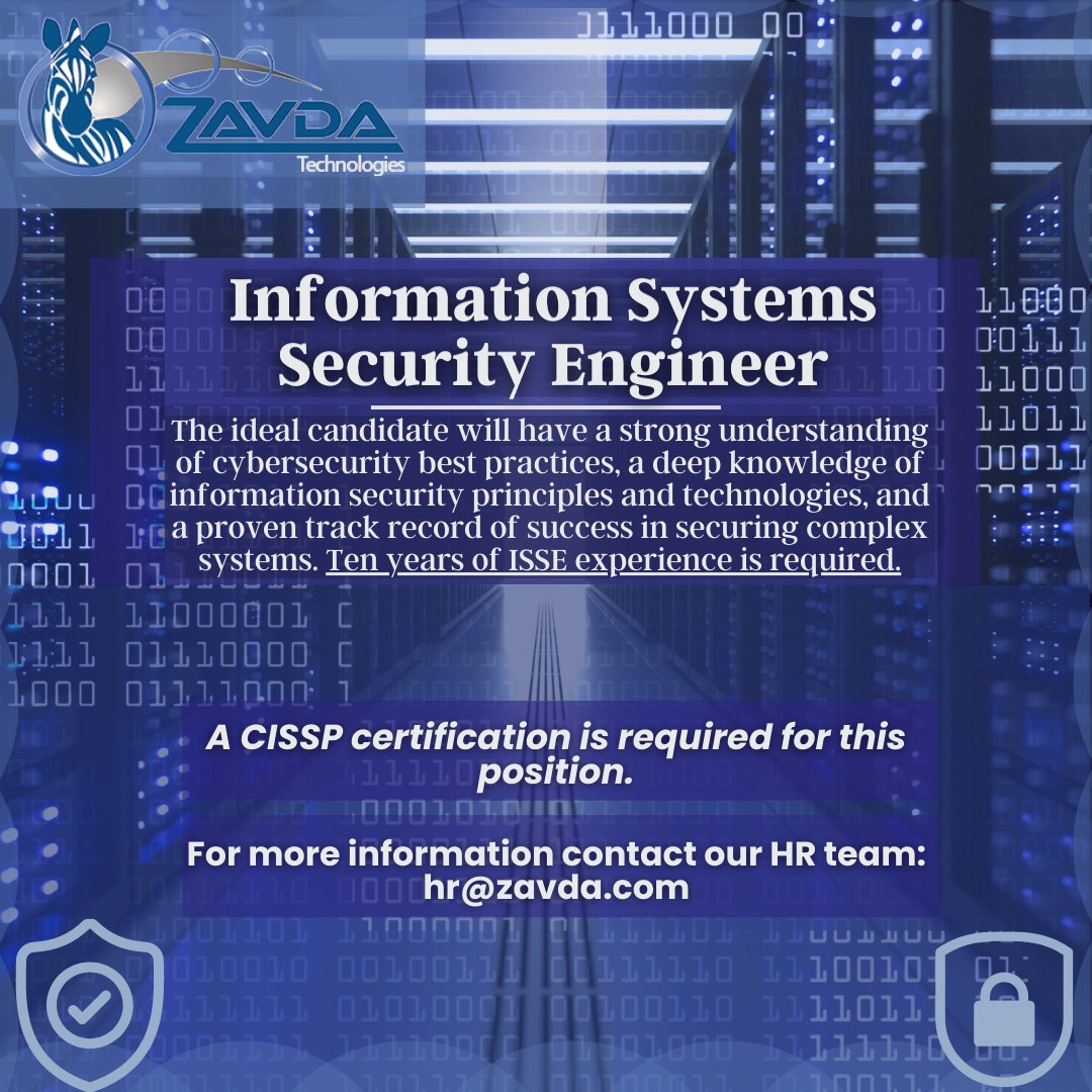 ZavdaTech's tweet image. Zavda is HIRING an Information Systems Security Engineer! Work closely with a team of IT professionals to identify potential threats and vulnerabilities and implement effective solutions to mitigate them.

Reach out to our HR team: hr@zavda.com

#zavda #isse #careers #ftmeade