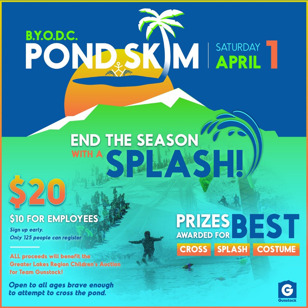 Mark your calendar for Saturday, April 1st for the Pond Skim at Gunstock. Sing up early, ALL proceeds benefit the Greater Lakes Region Children’s Auction. Open to all ages. Remember, #ItsForTheKids #ChildrensAuction #GLRCA #Gunstock  #GilfordNH #LakesRegionNH