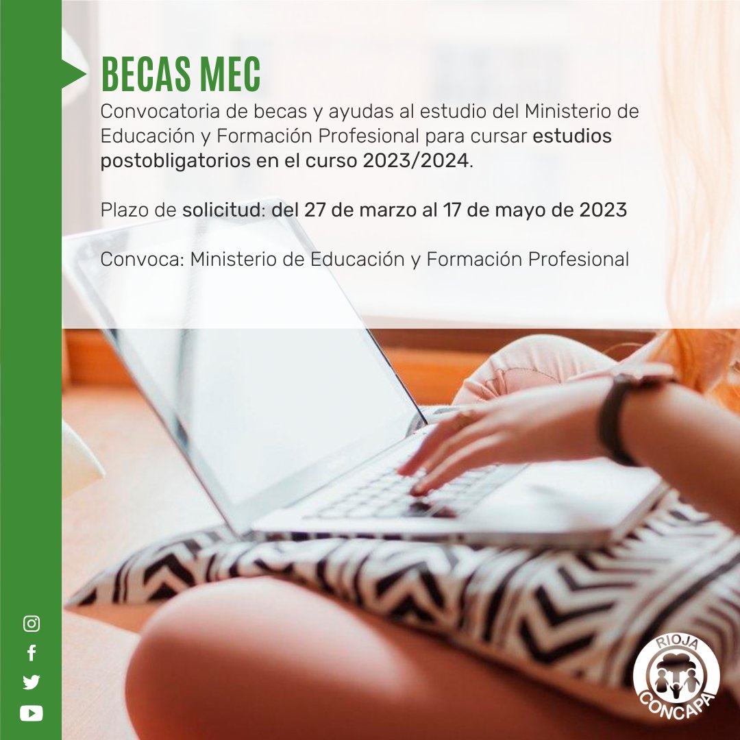 #BecasMEC 🔜
El próximo lunes, 27 de marzo, se abre el plazo de la convocatoria de becas y ayudas al estudio postobligatorios del Ministerio de Educación y Formación Profesional (Becas MEC) para el curso 2023/2024.