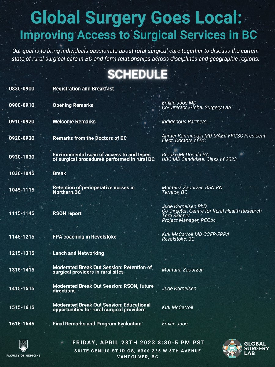 emilie joos (@emiliejoos) on Twitter photo We are excited to launch our first annual Global Surgery Symposium, featuring healthcare professionals and researchers from all over #rural BC! Please join us - register here: ubc.ca1.qualtrics.com/jfe/form/SV_73…
#globalsurgery #ruralsurgery
<a href="/RCC_bc/">Rural Coordination Centre of BC (RCCbc)</a> <a href="/CRHR_Public/">Centre for Rural Health Research</a> <a href="/RuthV_MD/">Dr Ruth Vilayil</a> <a href="/estherchinmd/">Dr. Esther Chin MD MGSC</a> We are excited to launch our first annual Global Surgery Symposium, featuring healthcare professionals and researchers from all over #rural BC! Please join us - register here: ubc.ca1.qualtrics.com/jfe/form/SV_73…
#globalsurgery #ruralsurgery
<a href="/RCC_bc/">Rural Coordination Centre of BC (RCCbc)</a> <a href="/CRHR_Public/">Centre for Rural Health Research</a> <a href="/RuthV_MD/">Dr Ruth Vilayil</a> <a href="/estherchinmd/">Dr. Esther Chin MD MGSC</a>