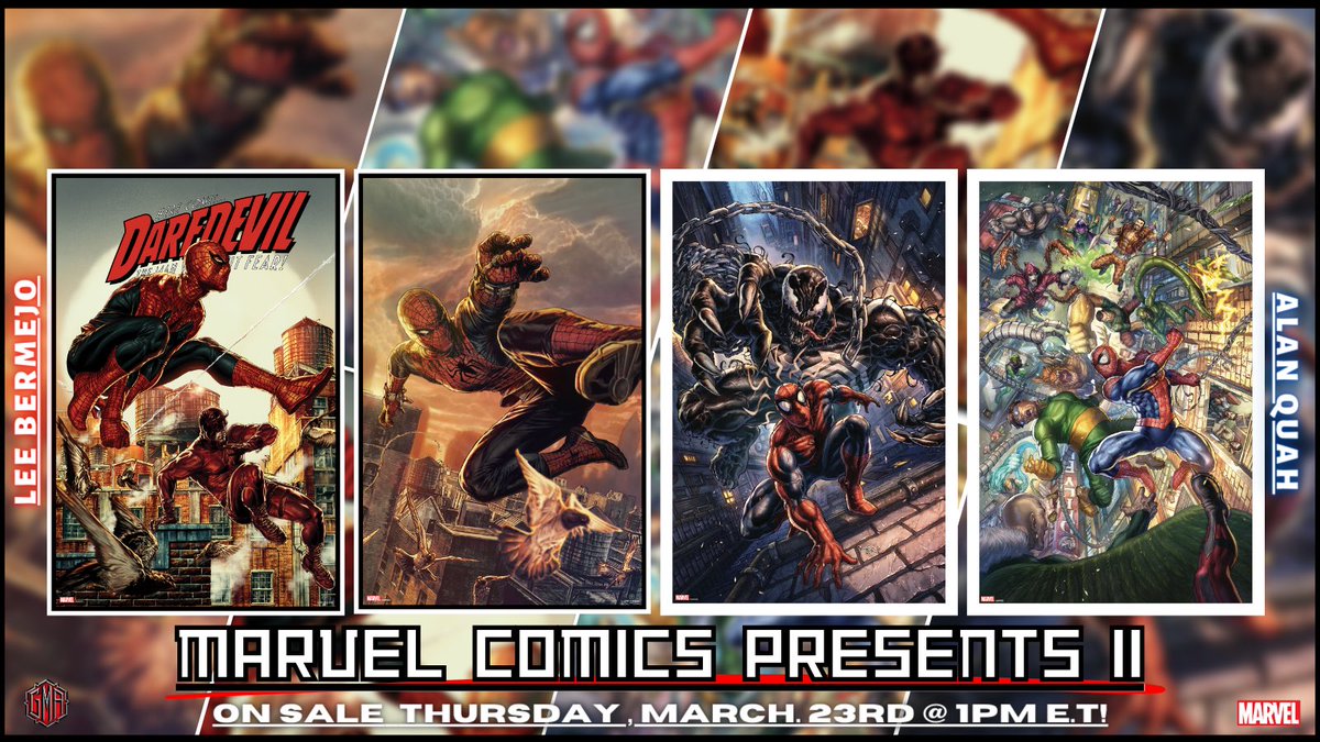 ⚡️Marvel Comics Presents II⚡️

Officially Licensed, Limited Edition Comic Posters Featuring art from #LeeBermejo &amp; <a href="/alanquah/">Alan Quah</a>!

On Sale Thursday, 03/23 @ 1 PM ET. 
bit.ly/3kSrgnw

#Marvel #SpiderMan #Daredevil #venom #comicart #Collectibles #greymatterart