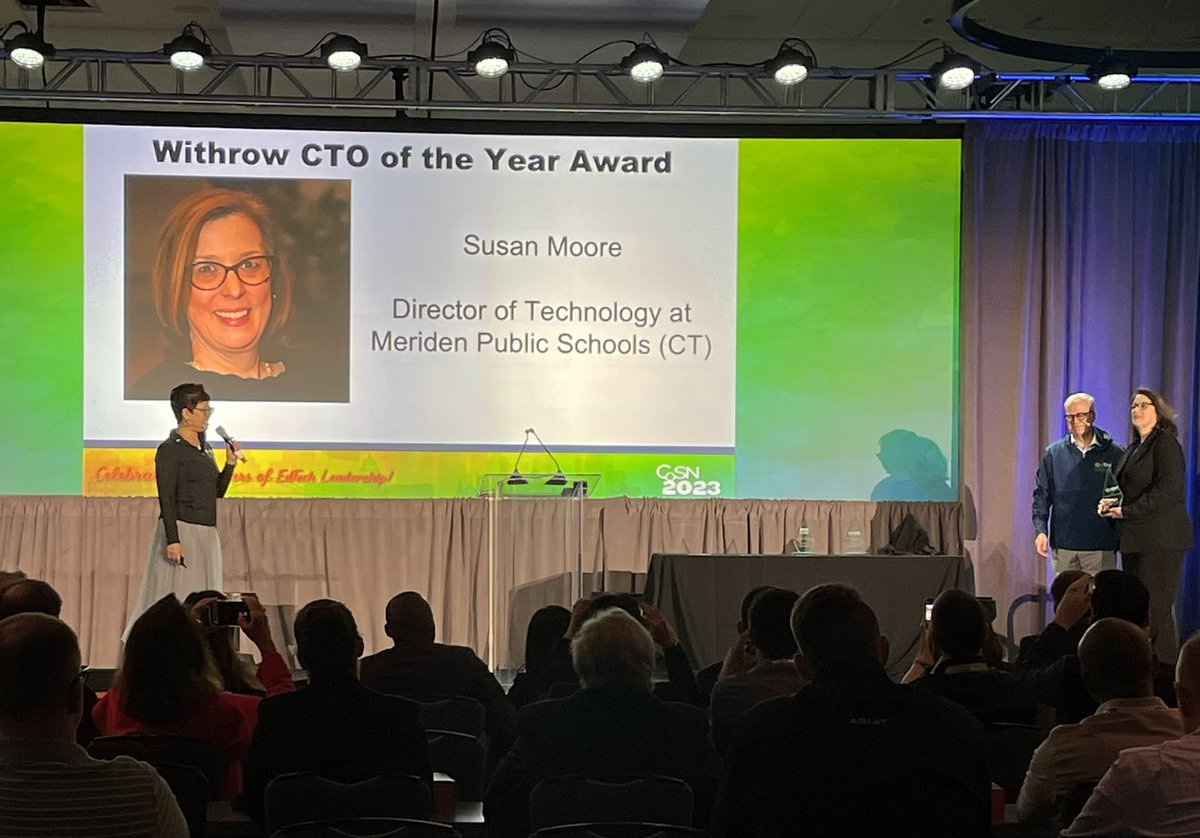 CoSN's tweet image. Congratulations to Susan Moore of @MeridenK12 for winning the CoSN Withrow CTO of the Year Award #CoSN2023 #CTO #EdTech @keithkrueger