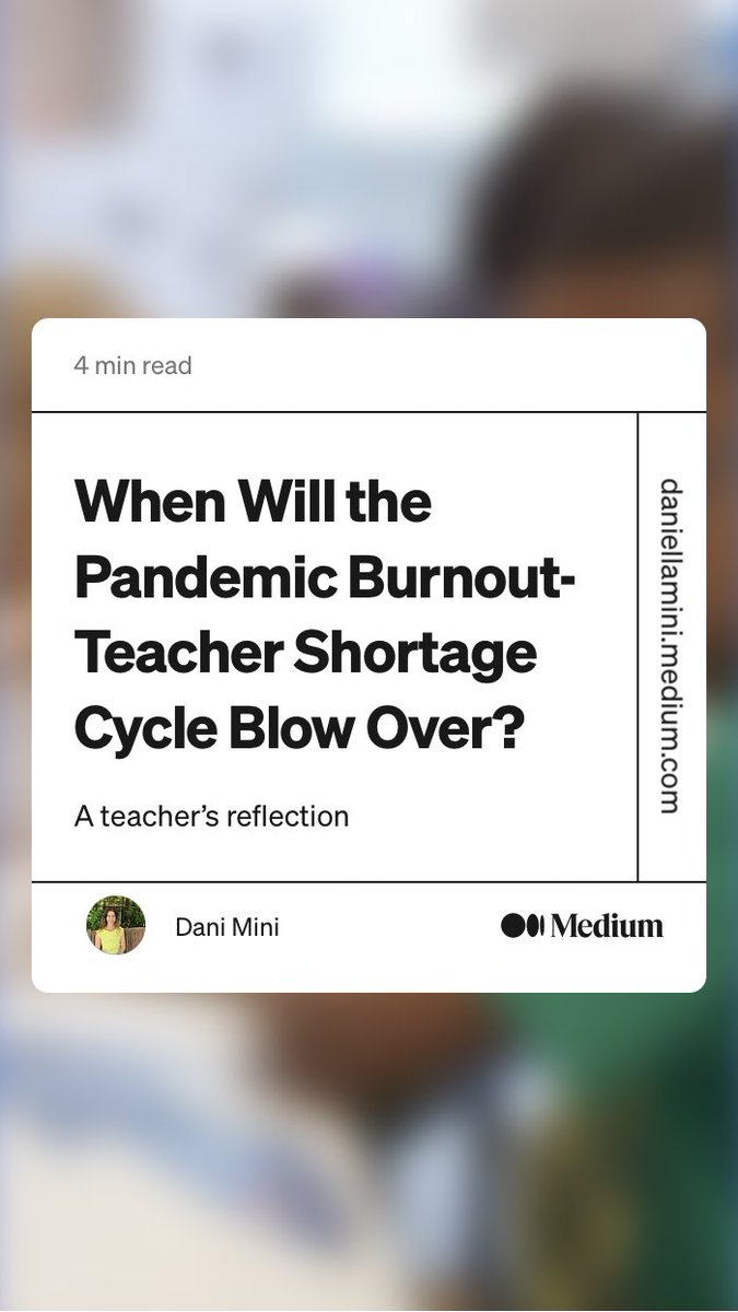 The cycle will NOT blow over if we don’t do something about it. 

Stress, more work, same pay, quitting, shortage… then more stress, more work… on and on. 

“When Will the #PandemicBurnout - #TeacherShortage Cycle Blow Over?” by Dani Mini
link.medium.com/CNGEsRS9lyb