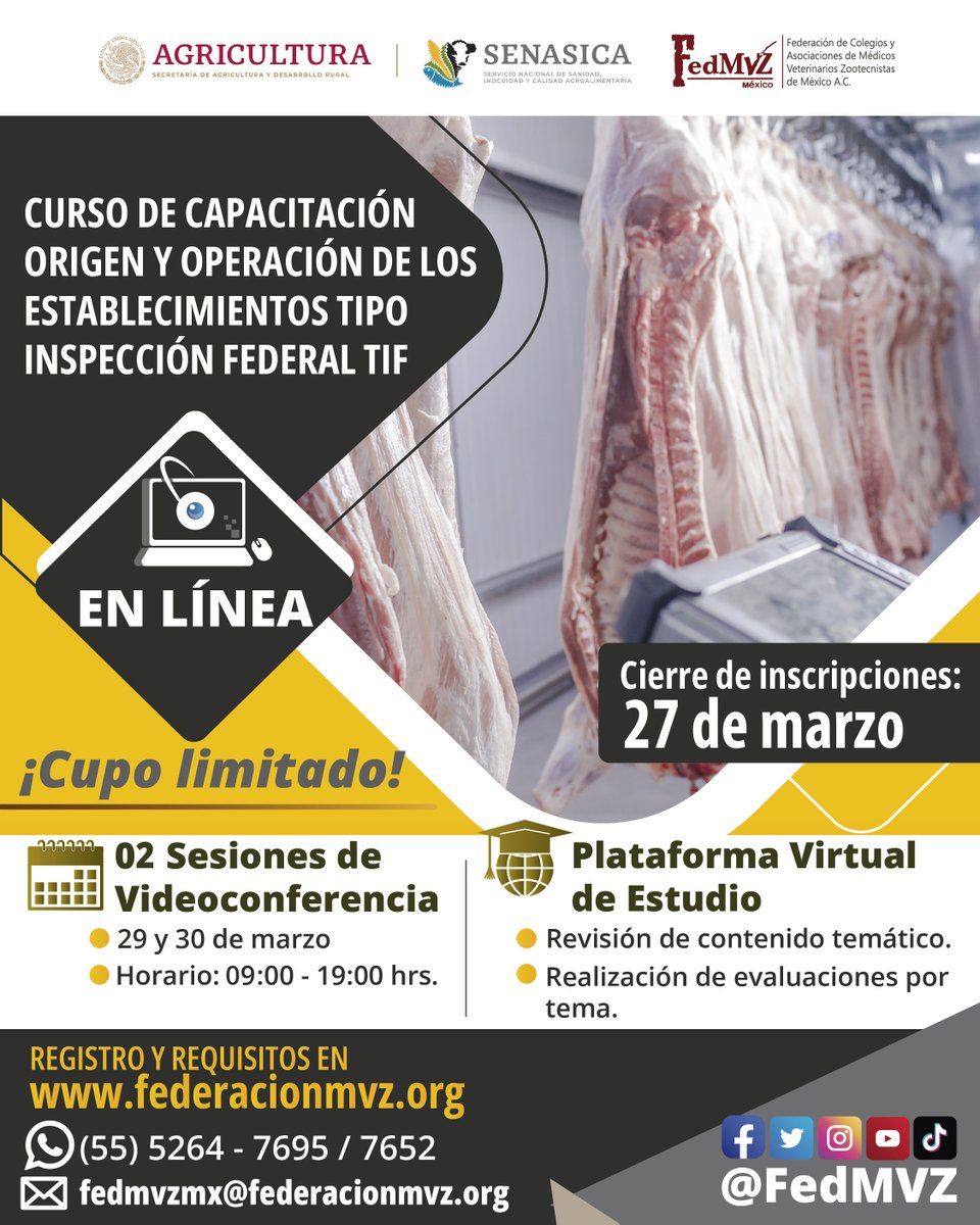 FedMVZ's tweet photo. Curso de capacitación en línea 💻: Origen y Operación de los Establecimientos Tipo Inspección Federal #TIF con reconocimiento del @Senasica y válido para obtener la autorización como #MVRATIF
Bases e inscripciones en:
https://t.co/P5pIzM4pH8
⚠️Cierre de inscripciones 27 de marzo https://t.co/zx3yJ4z7GP
