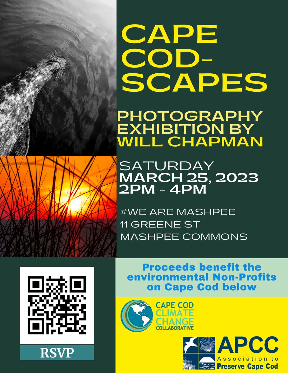 Photo exhibit by Will Chapman.  Sat. March 25, 2 to 4pm. Take home a beautiful nature print and support the Cape Cod Climate Change Collabrative & the Association to Preserve Cape Cod. 
@capecodclimatechange @APCC #MMHS @_william_photography @lovelivelocal #Studentart