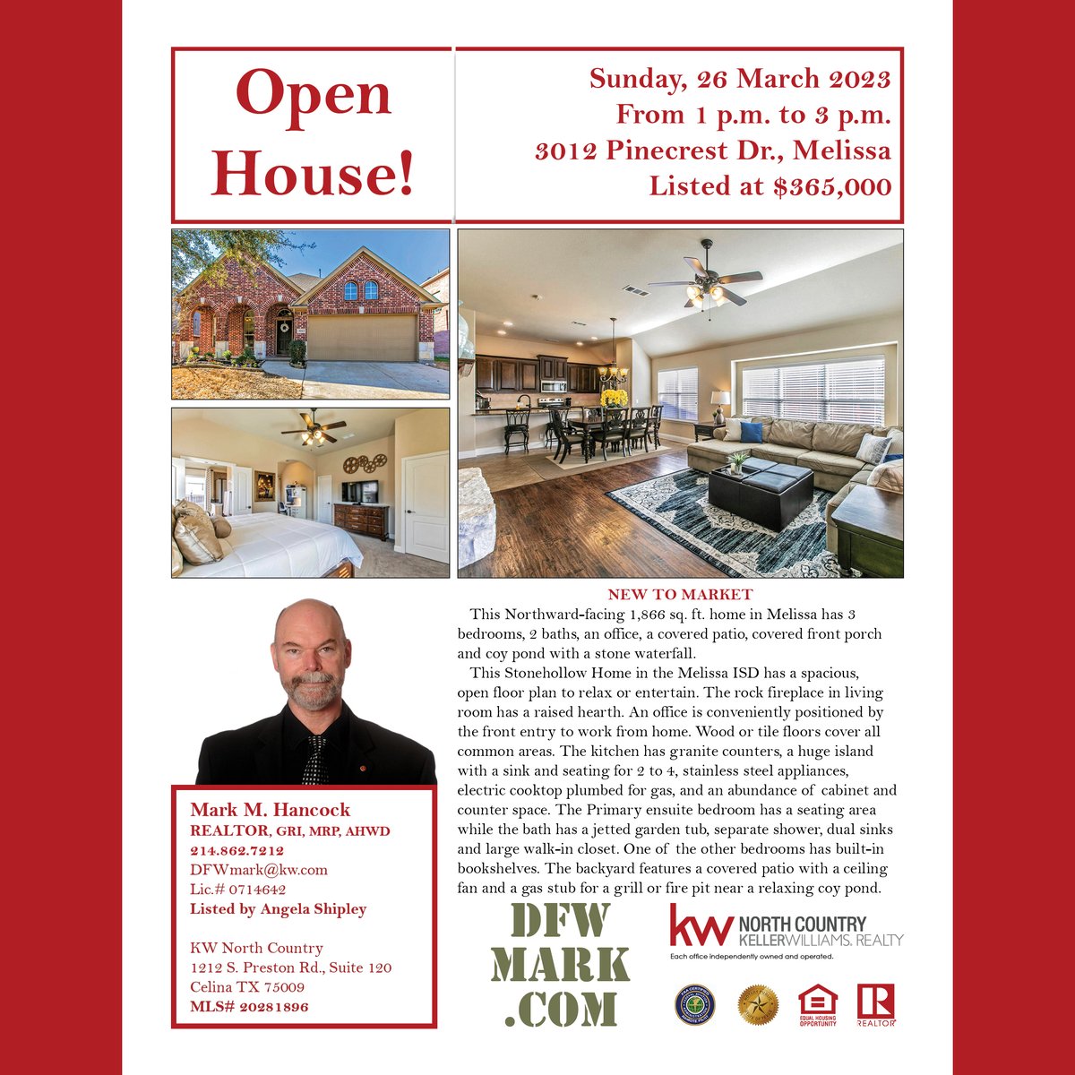 CollinRealty's tweet photo. #OpenHouse
Sun, 3/26/23 @ 1-3 pm
3012 Pinecrest Dr, #Melissa
Listed at $365K
MLS# 20281896
NEW TO MARKET

https://t.co/rmlis52Od8

Mark M. Hancock
#REALTOR
214-862-7212
https://t.co/ikhtZv4gcc

#DFWmark #MelissaISD #CollinCounty #NorthFacing #house #home #TrailsOfMelissa #office https://t.co/SS96UNnyCU