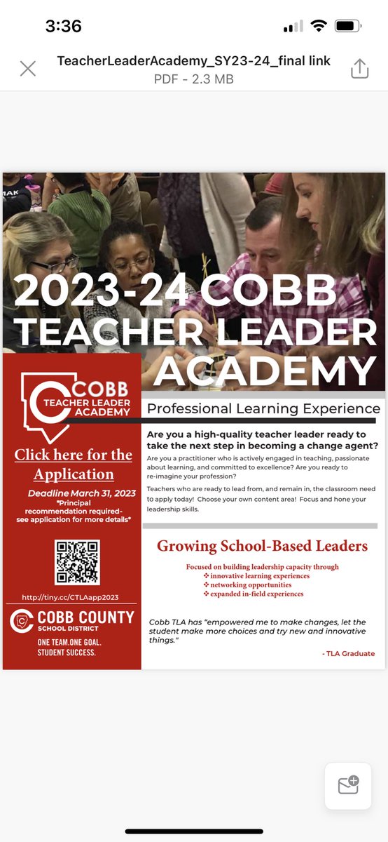 cobbscience's tweet image. The 2023-2024 Cobb Teacher Leader Academy (CTLA) application deadline has been extended!!
Join TEAM #CobbScience for this great year-long PD opportunity!
Application deadline: April 14, 2023, by 5:00 pm @