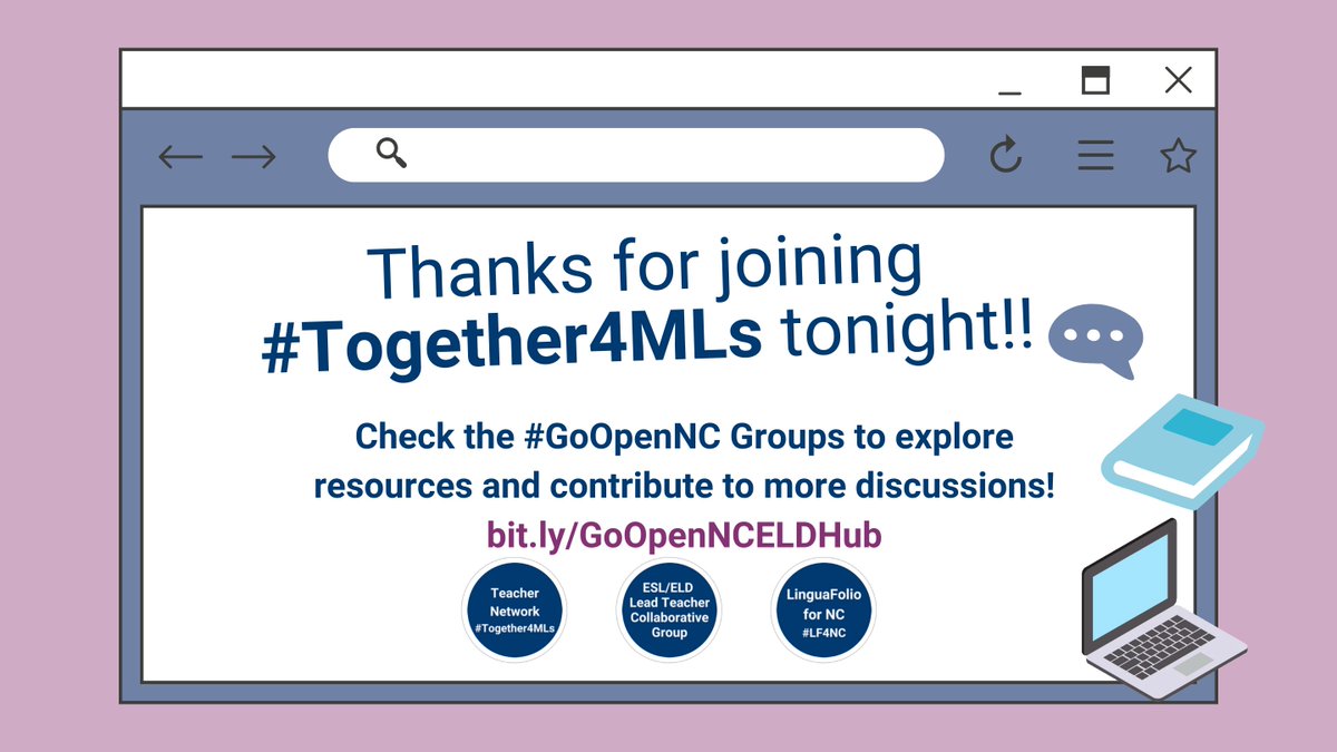 NCDPI_MLs's tweet photo. This live chat ends now, but join our #GoOpenNC groups to contribute to other discussions and meet more educators. Thank you for joining #Together4MLs tonight and thank you #NCRethinkEd for being our co-moderators tonight. https://t.co/ChxXvSJYTU https://t.co/7lsuj7jMfQ