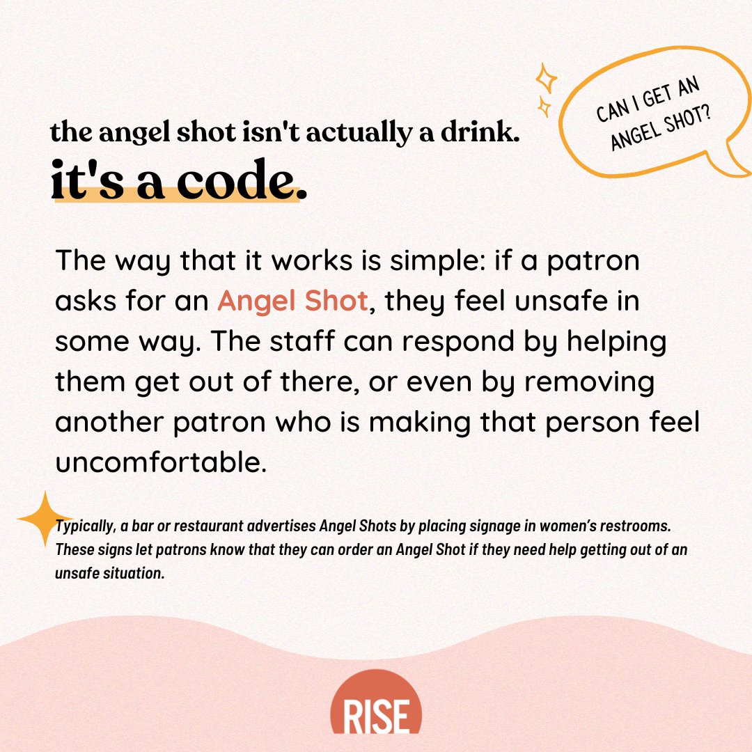 RiseNowUS's tweet photo. Did you know that there's a drink that could save your life? Across the U.S., restaurants and bars are adding #angelshots to their menus - a code system to help survivors of assault get the help and resources they need. https://t.co/9lTPLDtfc0