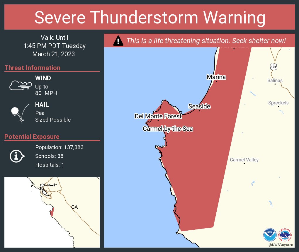 NWSBayArea's tweet photo. Severe Thunderstorm Warning including Seaside CA, Monterey CA and  Marina CA until 1:45 PM PDT. This destructive storm will contain wind gusts to 80 MPH! https://t.co/HWaphAszDe