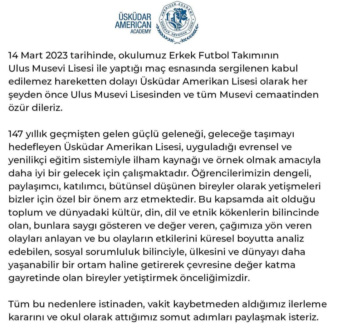 tyahuditoplumu's tweet photo. Geçen hafta okulumuz ile ÜAL arasındaki dostluk maçında meydana gelen olay ile ilgili, ÜAL öğrenci ve yöneticileri 21 Mart Salı sabahı okulumuzu ziyaretleri sırasında derin üzüntülerini bildirmişler ve özür dilemişlerdir. 
Göstermiş oldukları pozitif yaklaşım ve üstlendikleri sorumluluk anlayışından dolayı ÜAL camiasına teşekkür ederiz. @UAAOFFICIAL