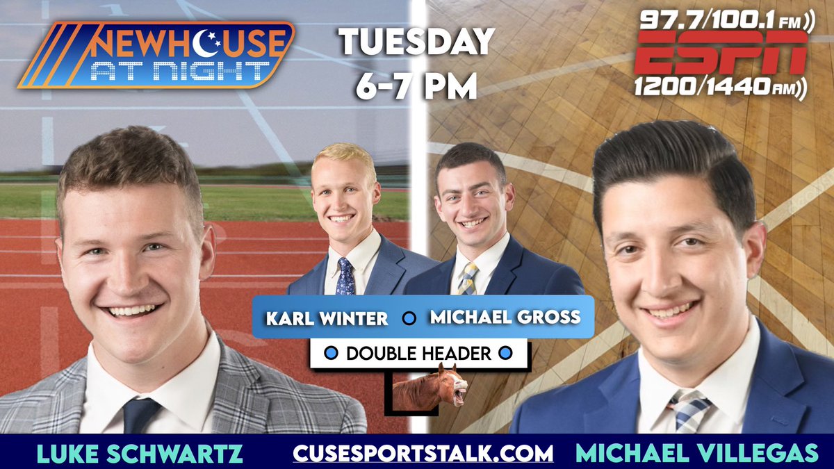 Not one but TWO guests on tonight’s show‼️

@MichaelSGross 🏀 and @karlwinter23 🏃🏼‍♂️ will be joining us 6-7p on cusesportstalk.com🍊

Tune in and join in on the fun! @CuseSportsTalk_ @LukewSchwartz33 @NewhouseSports