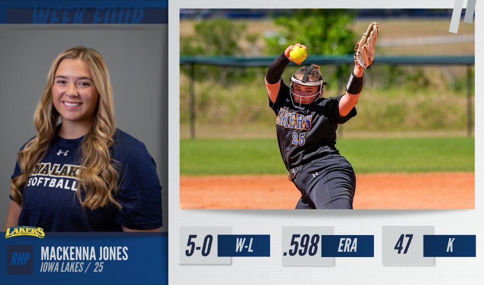 𝘼𝙣𝙤𝙩𝙝𝙖 𝙤𝙣𝙚 @IA_LakesSports' MacKenna Jones earned her second #NJCAASoftball DII Pitcher of the Week honor of the season after claiming five wins in the circle and posting 47 strikeouts! #NJCAAPOTW