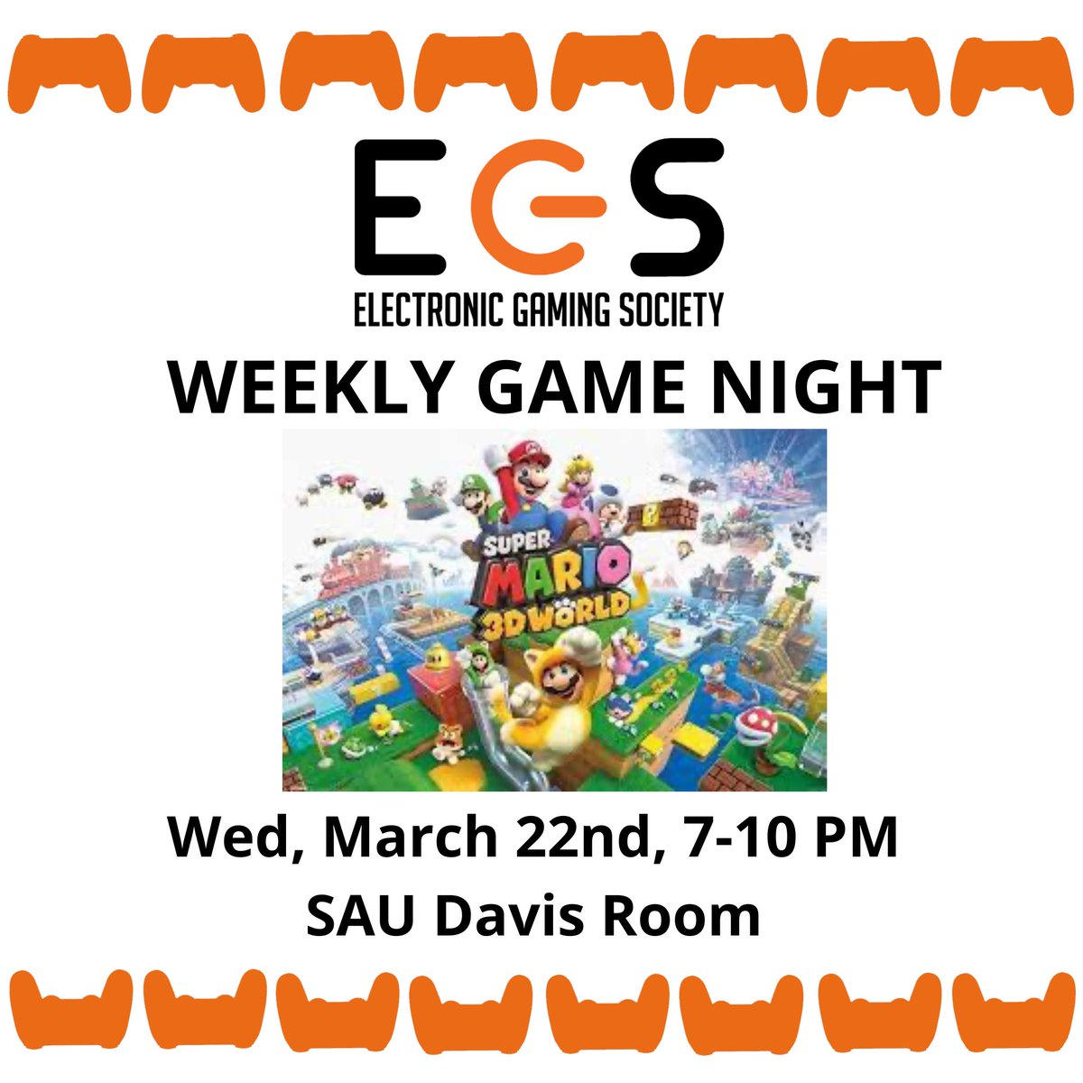 egsrit's tweet photo. Our feature this week is Super Mario 3D World (After will be an open projector!!  Join us this Wed, March 22nd, 7pm to 10pm in the Davis Room 
Don't want to play Super Mario 3D world? We have:

Jackbox
VR
Wii Open Projector (starting game Wii Sports)
Xbox Open 
Mario Party 
#RIT https://t.co/941OTVAlzf