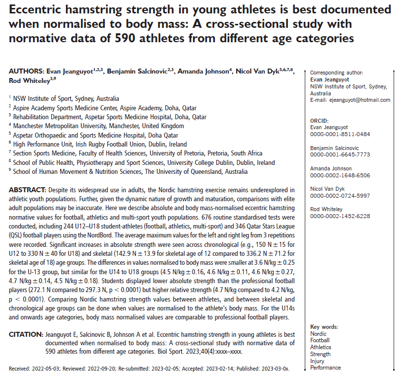 EvanJeanguyot's tweet photo. Stoked to get this over the line with @RodWhiteley @NicolvanDyk @Aspetar
For Nordics best to go 
✅️Relative❌️Absolute 
to compare sports, ages >13 or over time
☆Academy Football 4.95 N/kg
□QSL Senior Football 4.16 N/kg
●Athletics 4.62 N/kg
○R=0.65 ⬆️ Weight = ⬆️ Absolute https://t.co/K1qcyPIwHF