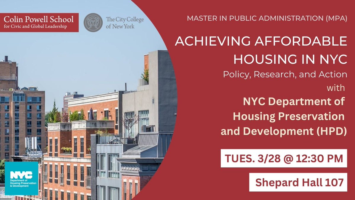 MPACCNY's tweet photo. Concerned about the lack of affordable housing in NYC? Join #mpaccny and #colinpowellschool on 3/28 at 12:30 in SH-107 for Achieving Affordable Housing in NYC: Policy, Research, and Action with guest policy analysts from NYC HPD @nychousing.

RSVP: https://t.co/u2LGvJpw4I https://t.co/lMN1cPjyuB
