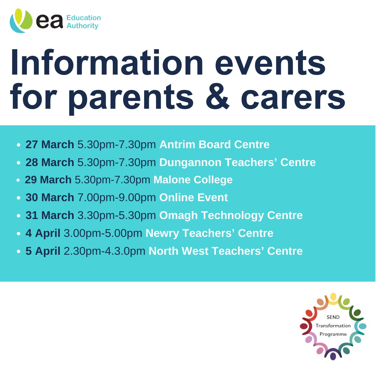 Information sessions for parents and carers interested in discovering more about #SEN in schools - across the nursery, primary and post-primary sectors - have been organised at several #EA locations.

Bookings can be made here bit.ly/3JAL3jG