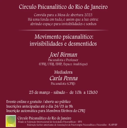 CeaapCom's tweet photo. CEAAP Informa: Círculo Psicanalítico do Rio de Janeiro
Convida para a Mesa de abertura - Movimento psicanalítico: invisibilidades e desmentidos.
25/03 - 10h 
Online  - GRATUITO 

https://t.co/i6z0F60wN5

#clinicaceaap #psicanalise #joelbirman #carlapenna #invisibilidades #sonhos https://t.co/sHm6VCTTpI
