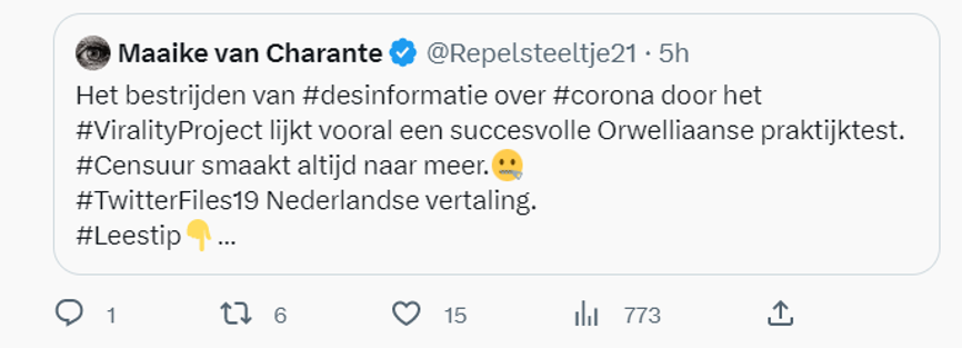 Repelsteeltje21's tweet photo. Overigens was bovenstaande tweet een quotetweet, maar mijn oorspronkelijke tweet is verdwenen. Dus hier alsnog de link naar de NL vertaling van #TwitterFiles19 en een screenshot van de 1e tweet.
Het verklaart WEL waarom ik er zo weinig reactie op kreeg.
https://t.co/s6vGBdiSbd https://t.co/BTu97Uh1g2
