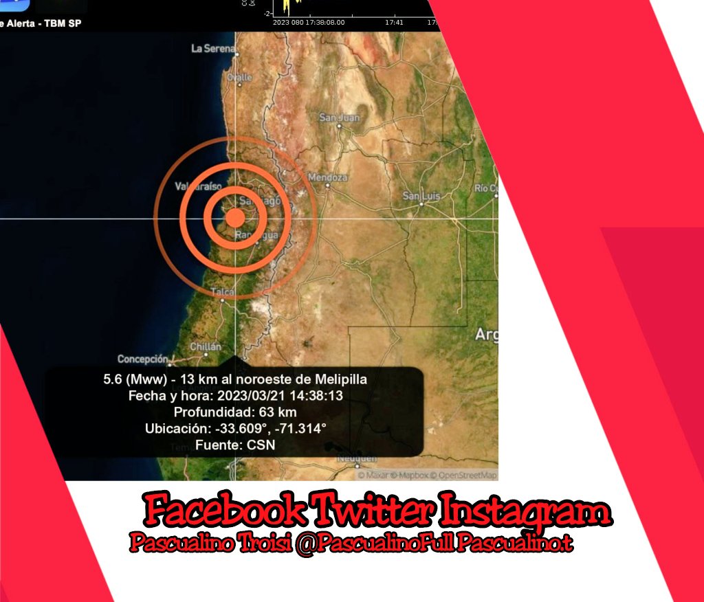 #ULTIMAHORA 🇨🇱 Fuerte sismo de magnitud 5,6 sacude a Chile,
El  epicentro fue a 12,55 kilómetros al noroeste de la ciudad de Melipilla.
#MaduroGolpeaALosCorruptos
.@Salser077 .@Preferida1021 .@1978TAREK_FGAV .@jose12277638 
.@luis16684716 .@Leonardo301104 
.@jesusrovira2023