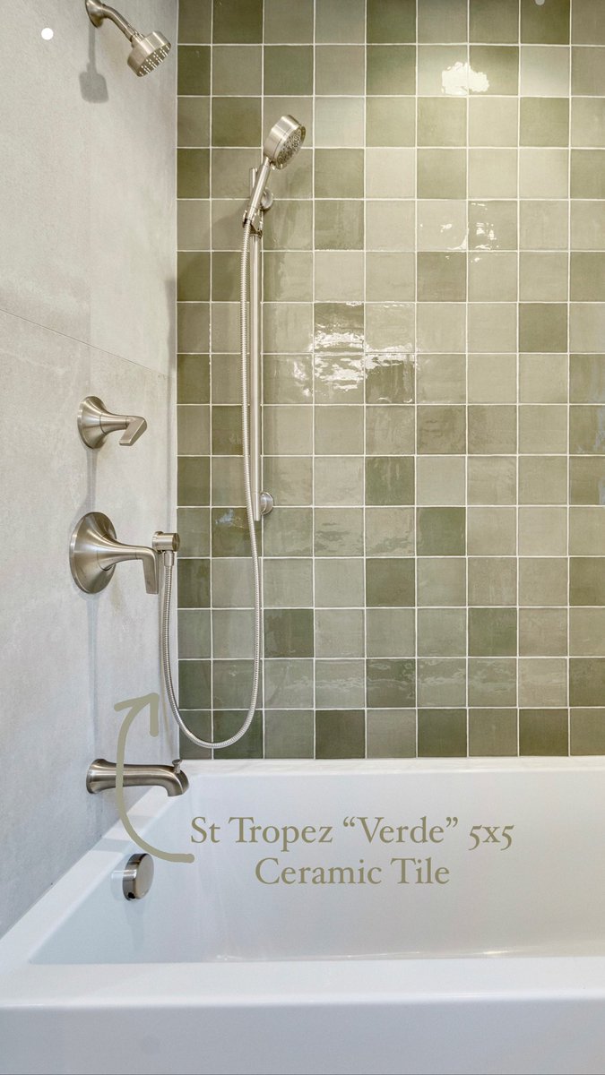 A pop of green for the start of spring 💚
The shower tile we chose for the main bathroom was the St Tropez "Verde" 5x5 ceramic tile, and it's such a dimensional array of beautiful green shades - this bold tile is perfect for a statement wall!