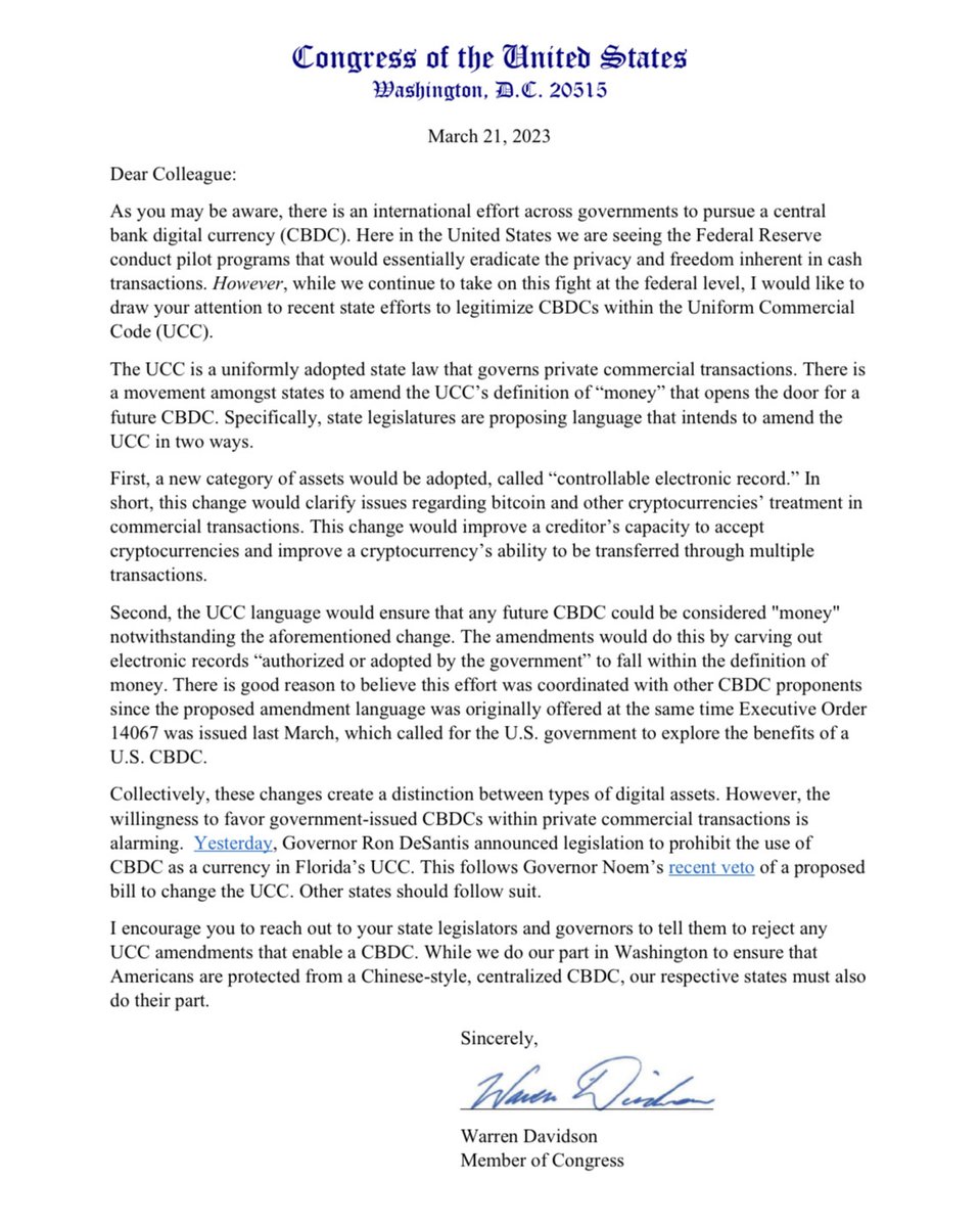 Only Congress could lawfully establish a Central Bank Digital Currency in the United States, but that hasn’t stopped CBDC advocates from working to normalize this Orwellian payment system.

Today, I sent a letter to my colleagues encouraging them to help prevent state efforts to