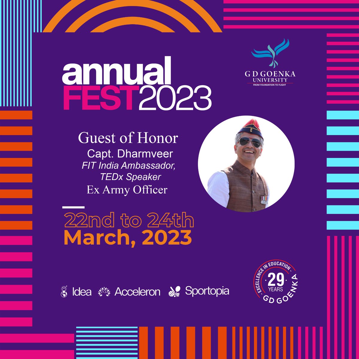 GD Goenka University welcomes Col. Kanwar Pratap Singh as Chief Guest and Capt. Dharmveer as Guest of Honour for the inaugural ceremony of its Annual Fest: Acceleron, Idea and Sportopia. 
#AnnualFest #Acceleron #Sportopia #Idea #BSA #SEE #GDGoenka #GDGoenkaUniversity #GDGU