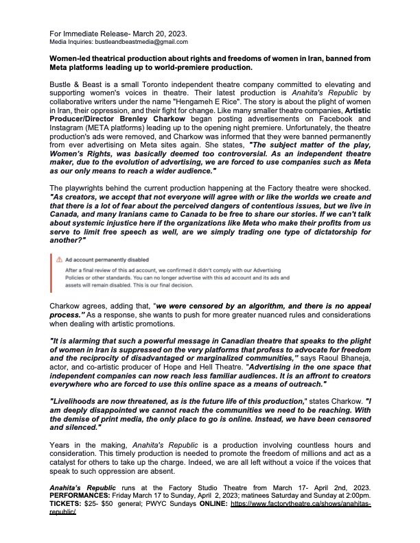“Women-led theatrical production about rights and freedoms of women in Iran, banned from Meta platforms leading up to world premiere.”