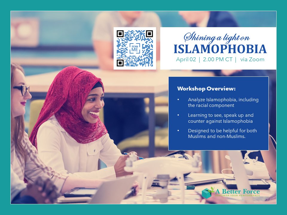 aBetterForce's tweet photo. Only 10 days left to sign up for our virtual workshop on Islamophobia, hosted on April 02 (Sun) at 2.00 PM CT. Designed for Muslims &amp; non-Muslims, this workshop analyzes Islamophobia, including the racial aspect, and teaches you how to counter it! Sign up: https://t.co/ZKPPkUoG7p https://t.co/z8Ri3FZV0p