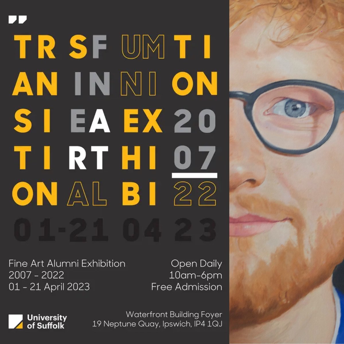 JNunnArtist's tweet photo. My painting of @edsheeran is going to be shown at Fine Art Alumni exhibition ‘Transitions’ from the 1st April. Please spread the word, some great artists/friends exhibiting. #edsheeran #ipswich #universityofsuffolk #mathematicstour #itfc #ipswichtown #exhibition https://t.co/QlcJX2tSlg