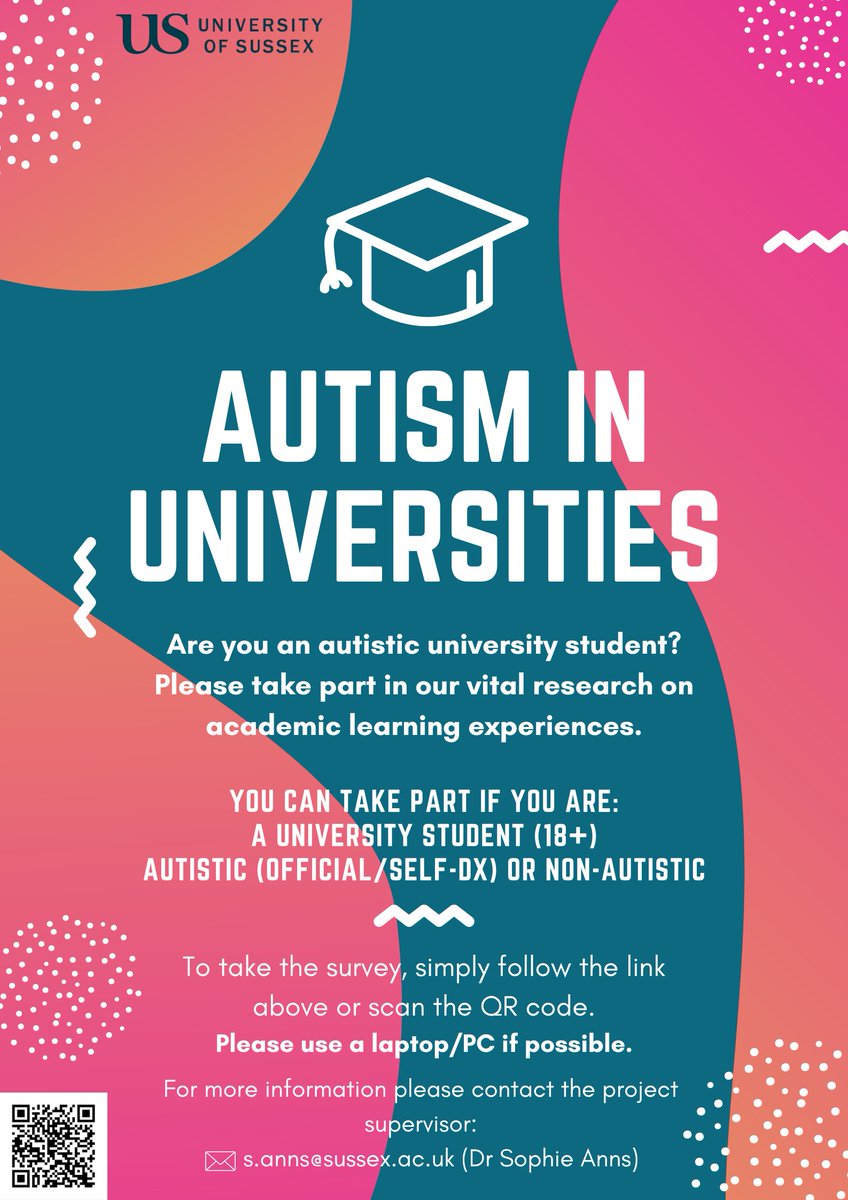 Thank you to everyone who has participated so far! This survey is live for another 10 days - if you are an #ActuallyAutistic student, please take part to help make university learning more inclusive.
#AskingAutistics 

Survey link: universityofsussex.eu.qualtrics.com/jfe/form/SV_bk…
