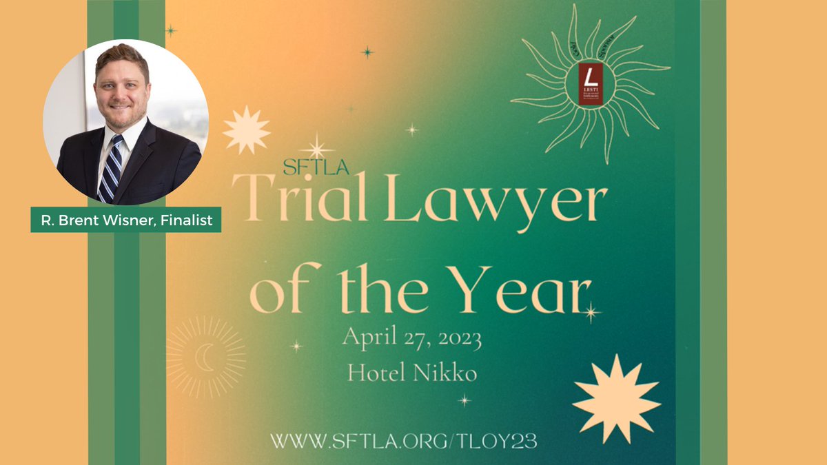 WisnerBaum's tweet photo. We are proud to announce that Wisner Baum Managing Partner, R. Brent Wisner, is among four finalists for Trial Lawyer of the Year by the San Francisco Trial Lawyers Association. #SFTLA #triallawyeroftheyear #law #triallawyer #lawyer #attorney Learn more: https://t.co/QlAqo99unC https://t.co/Z8DbhGGiqH