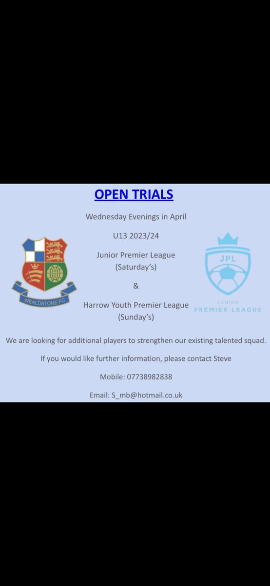 Boothie_7's tweet photo. @wealdstoneyouth u13 2023/24 open trials @jpluk and Harrow youth league https://t.co/VtMzlSulzf