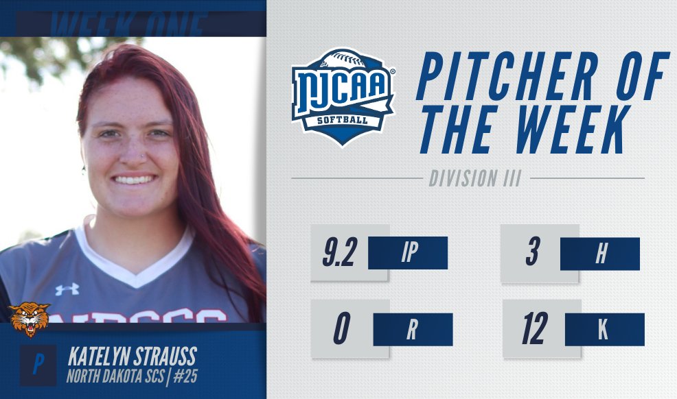 🔥 Throwing gas Katelyn Strauss of @NDSCSAthletics threw 9.2 shutout innings and is the #NJCAASoftball DIII Pitcher of the Week! Strauss also struck out 12 batters while only allowing three hits. #NJCAAPOTW