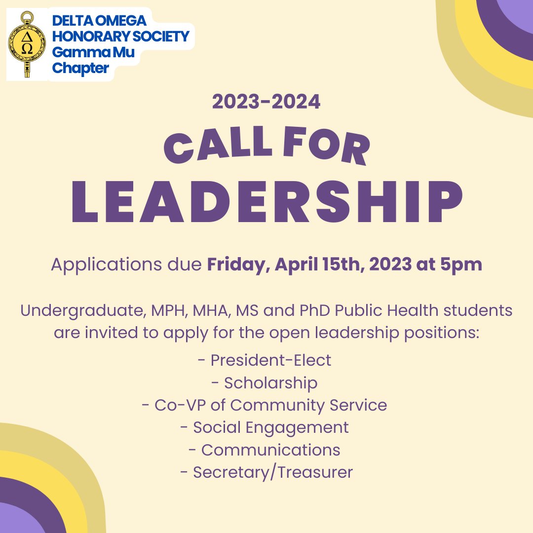 Undergraduate, MPH, MHA, MS and PhD Public Health students are invited to apply for DO leadership!
.
Applications due Friday, April 15th, 2023 at 5pm. You will be contacted about your application by Friday, May 5th and start Fall 2023
.
Application form: forms.gle/ucpMZUYpveKmnr…