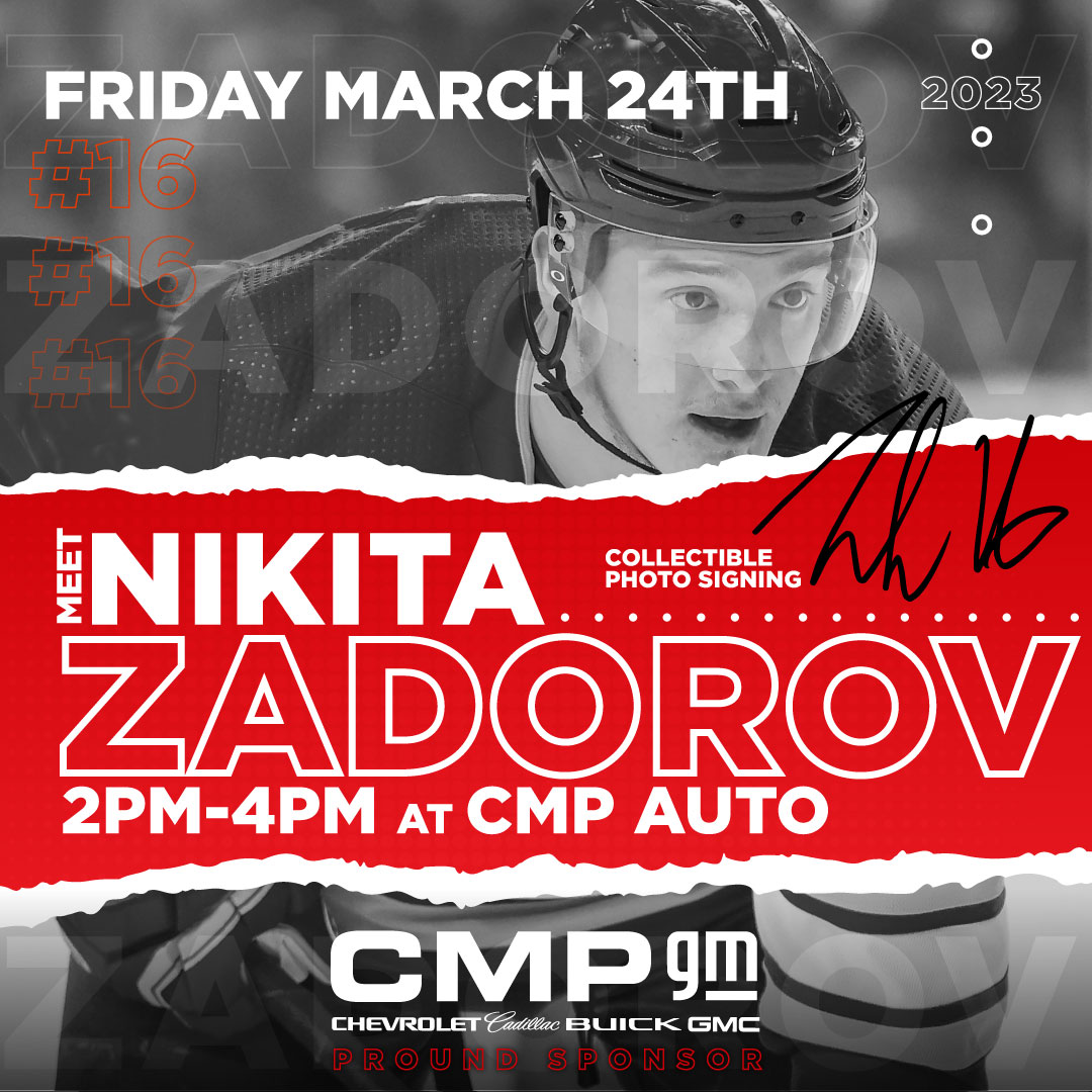 Meet star professional hockey heavy hitter #16 Nikita Zadorov! 🏒🥅
This friday, March 24, from 2-4pm at CMP, come and meet the man on the ice and get a limited quantity, limited edition collectible photo signed! 
#nikitazadorov #cmpauto #hockey #yyc #professionalhockey